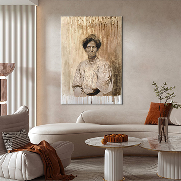 mise en situation du tableau "deeds not words!" dans un salon