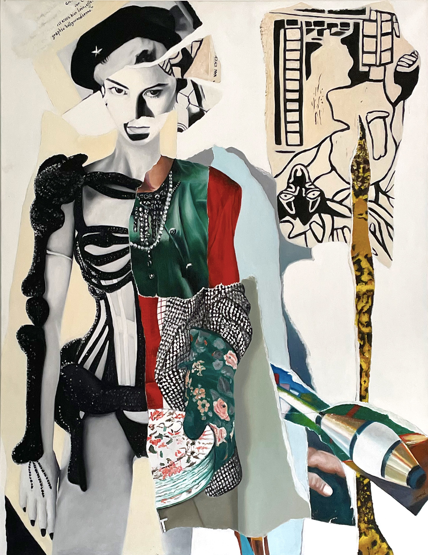 "a tort et adore", peinture à l'huile, composition d'un portrait arraché