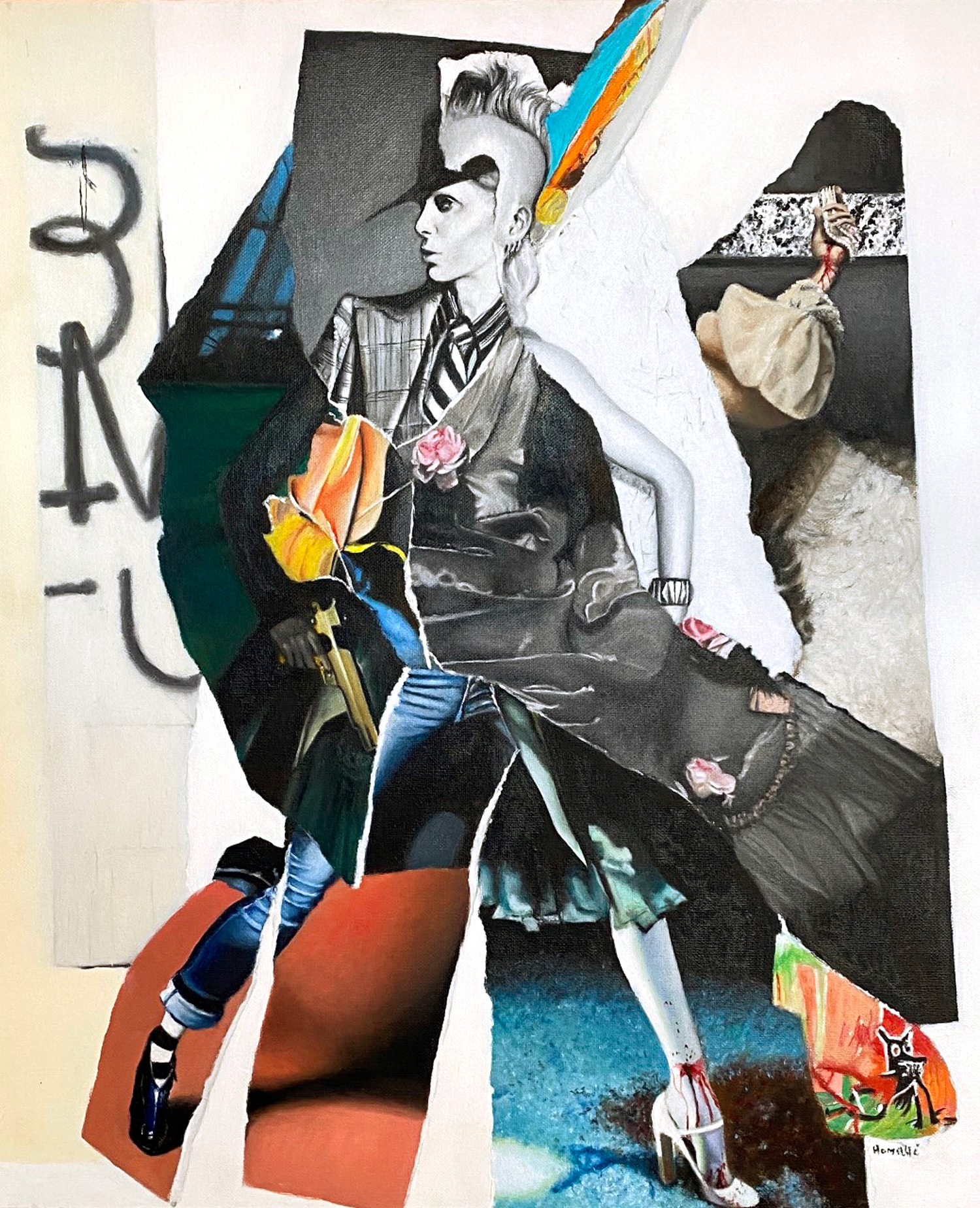 "les prédateurs", Peinture à l'huile, composition d'un portrait arraché