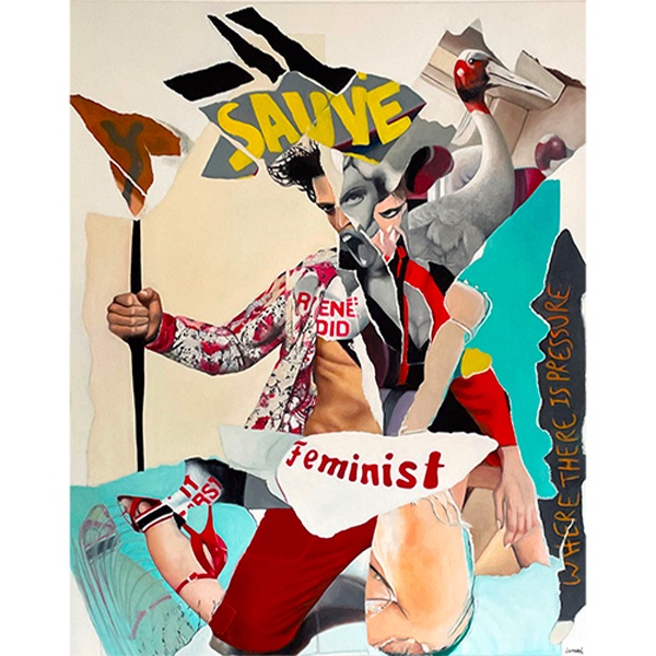 "rené did it first", peinture à l'huile, composition d'un portrait arraché