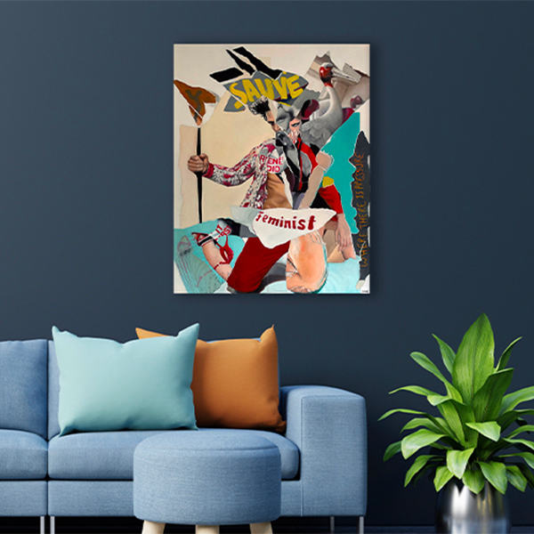 mise en situation du tableau "rené did it first" dans un salon