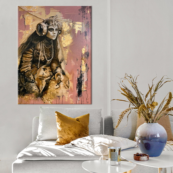 peinture sortilége mise en situation dans un salon au dessus d'un canapé